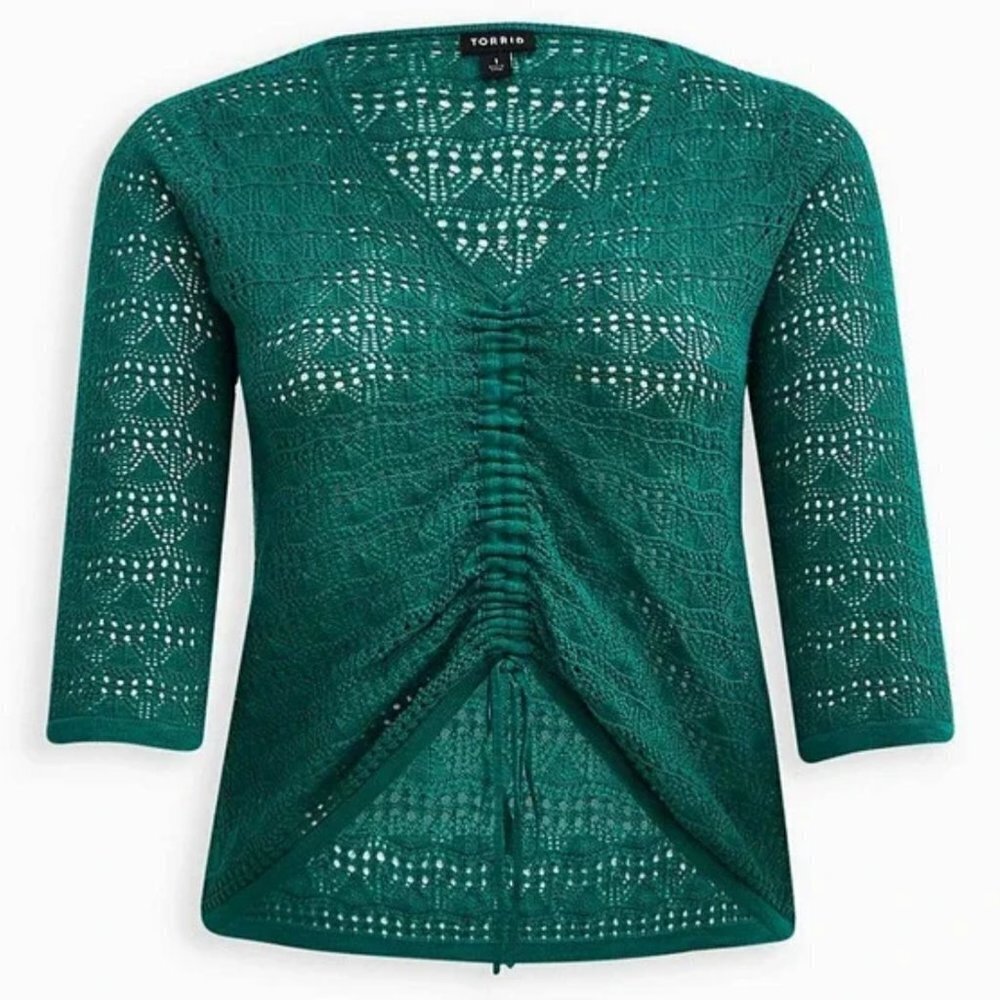 Torrid Green Crochet Open Stitch Pullover V-Neck Cinched Front Sweater / Top 1x - Picture 6 of 12